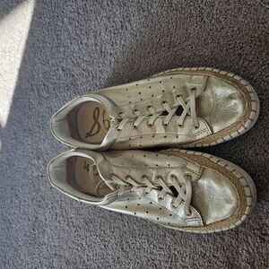 Gold Leather Lace-Up Sneakers